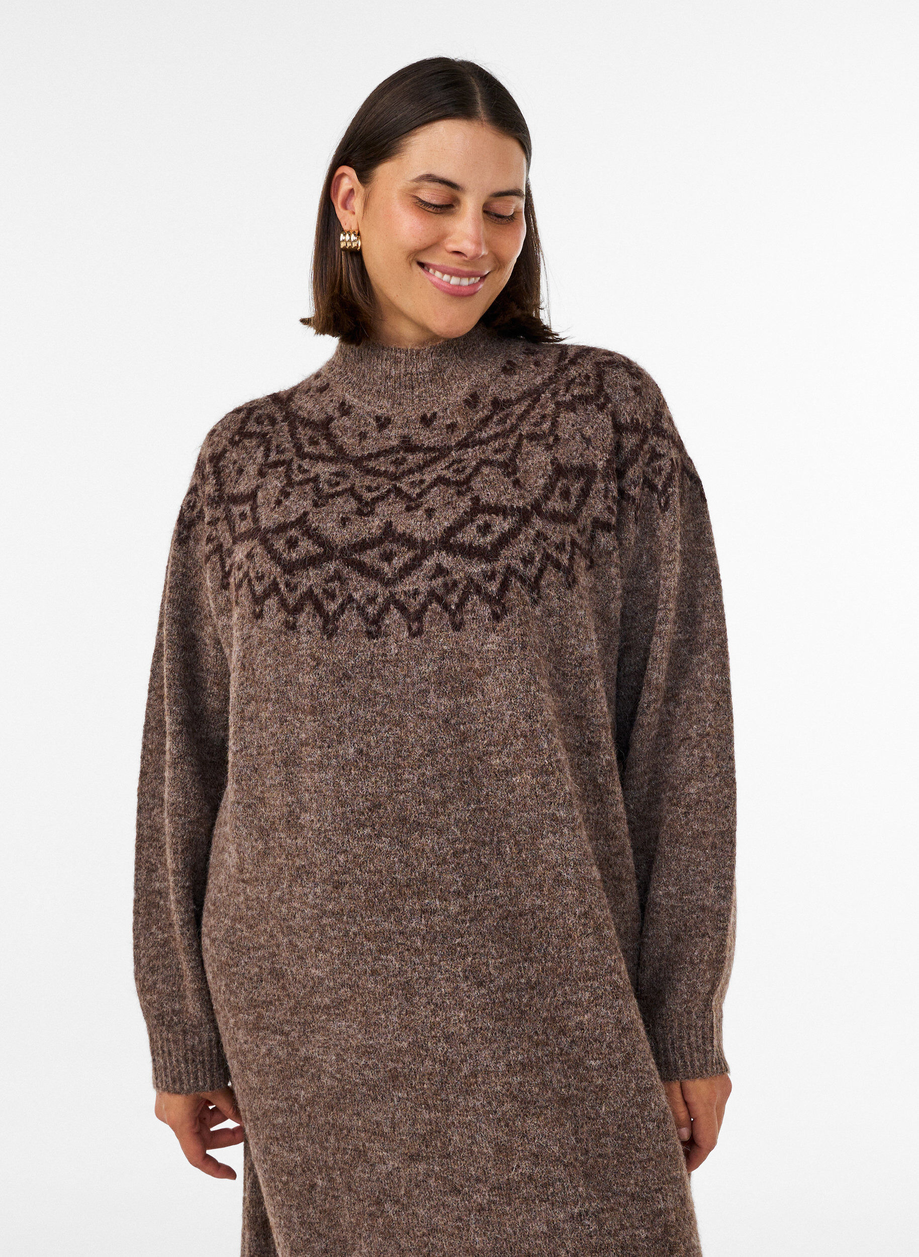 ZizziGebreide jurk met jacquardpatroon, Bruin, Model image number 3