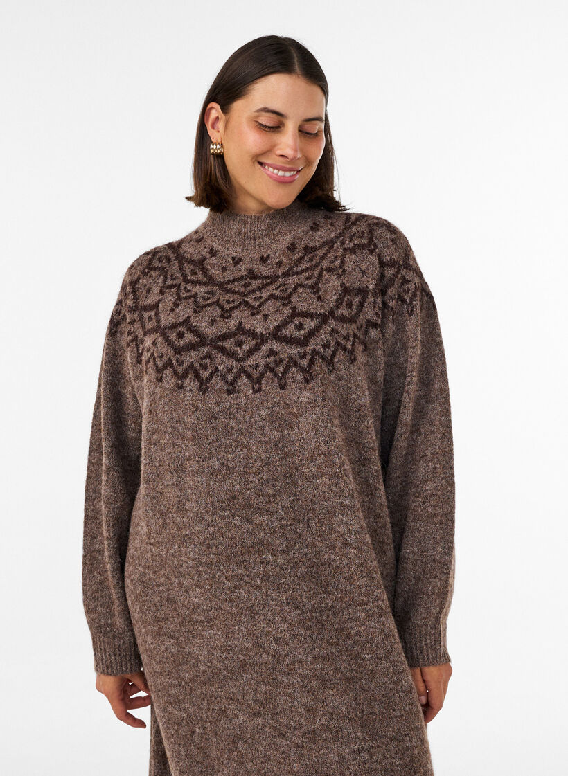 Gebreide jurk met jacquardpatroon, Bruin, Model image number 3