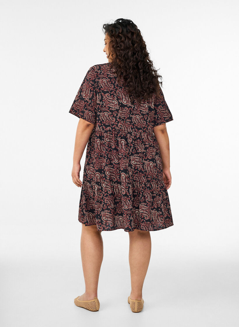 Jurk met korte mouwen, A-lijn en snijlijnen, Zwart, Model image number 2