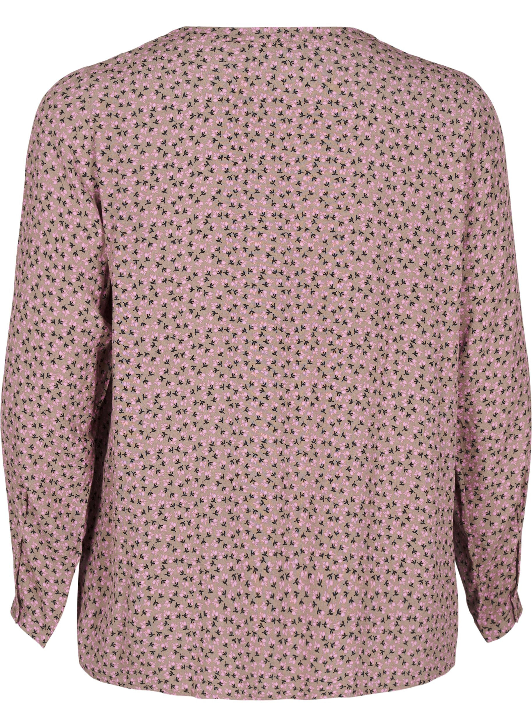 ZizziBlouse met lange mouwen, print en V-hals, Bruin, Packshot image number 1