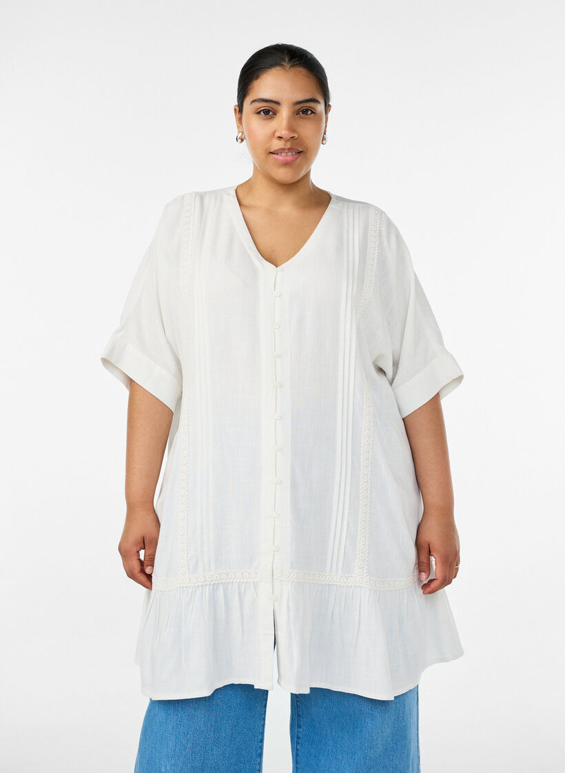 Tunique en viscose avec boutons et ourlet &agrave; volants, Vanille, Model image number 0