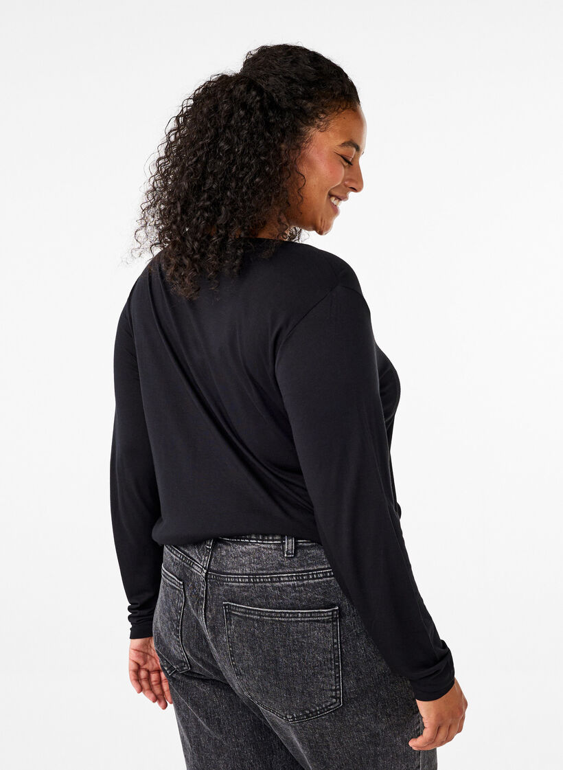 Blouse met lange mouwen van wol en viscose, Zwart, Model image number 2