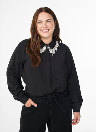 ZizziViscose tuniek met parelgeborduurde kraag, Black, Model image number 0