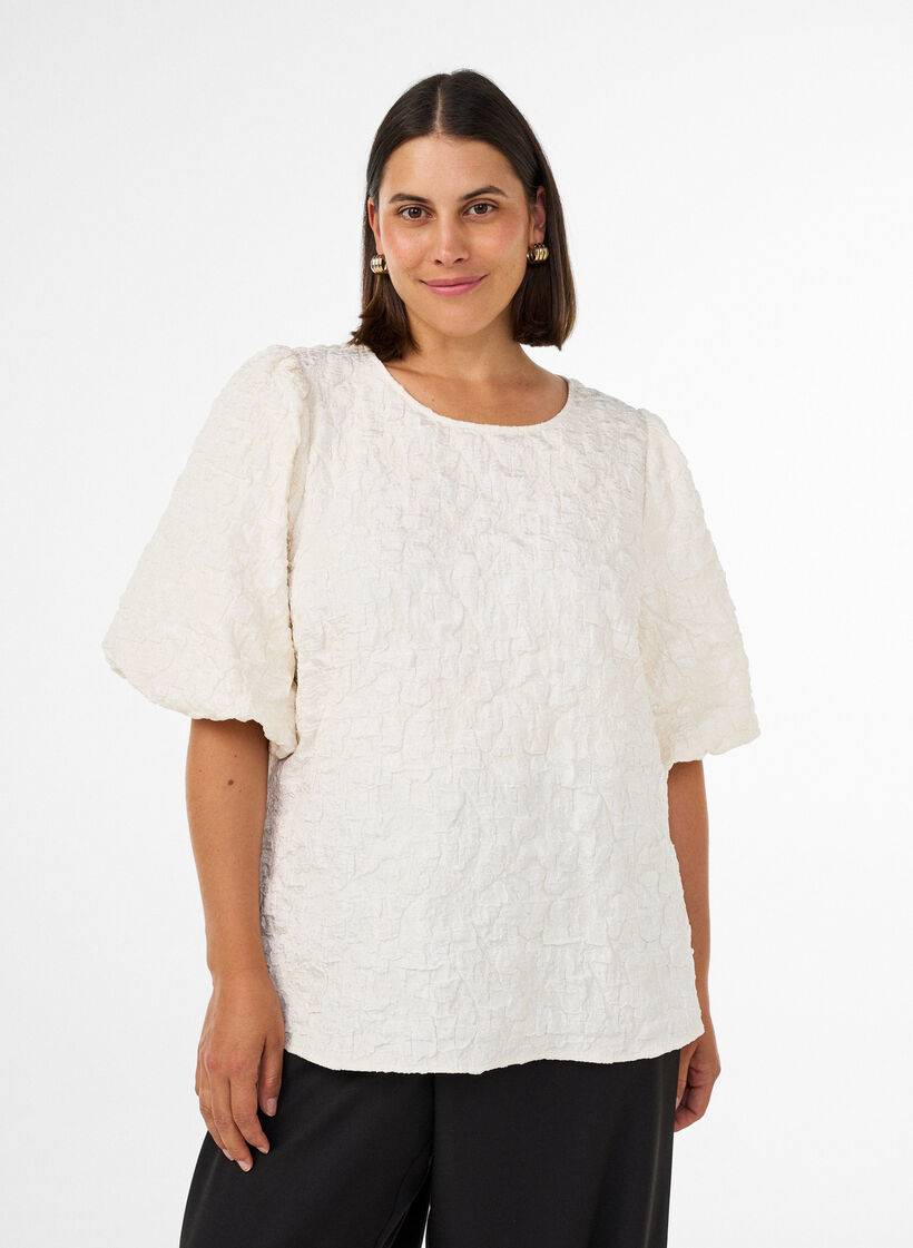Jacquard blouse met pofmouwen en A-lijnvorm, Vanille, Model image number 0