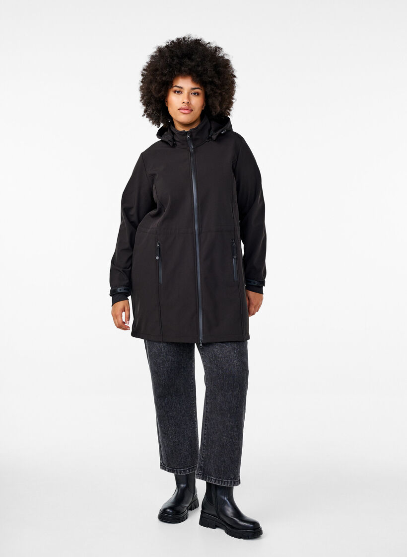 Softshell jas met afneembare capuchon, Zwart, Model image number 1