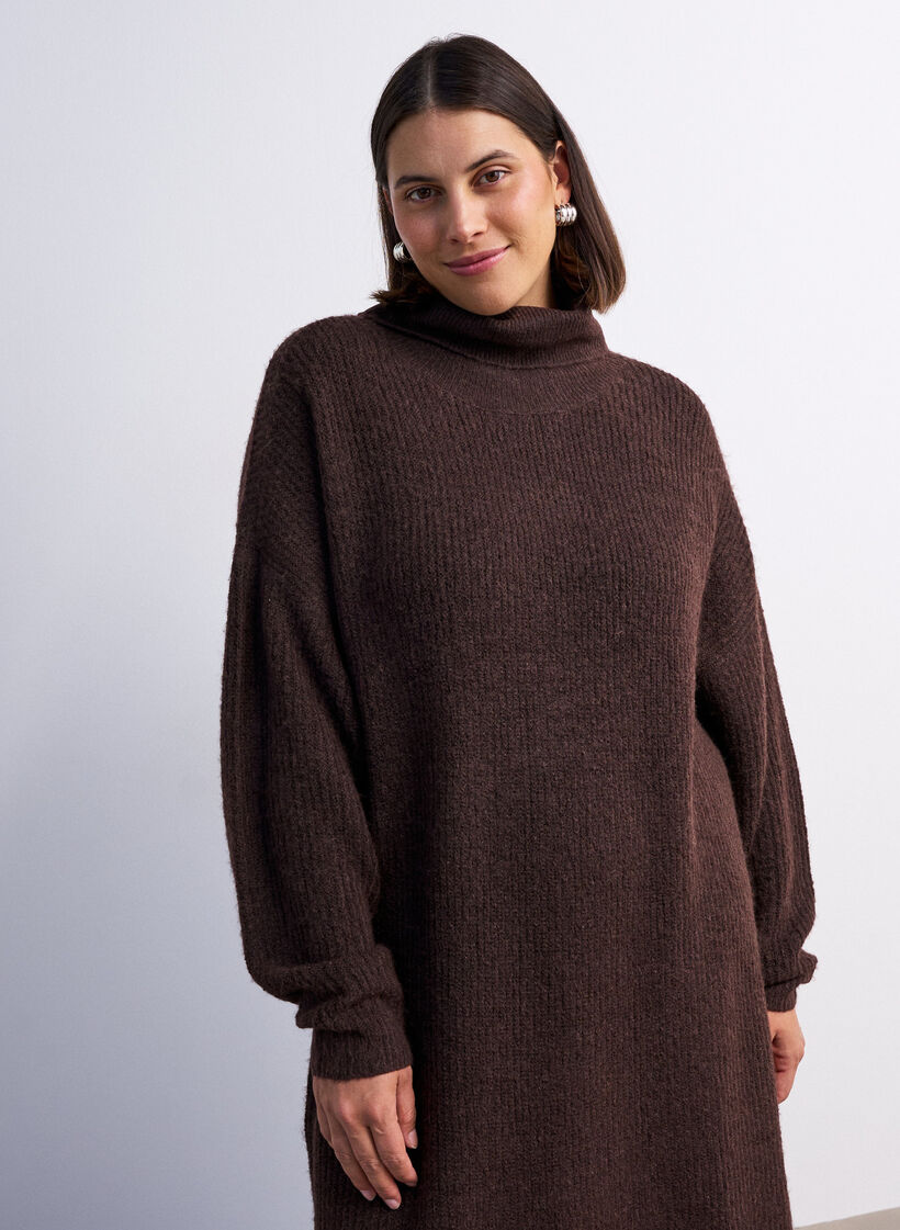 Gebreide jurk met col, Bruin, Model image number 3