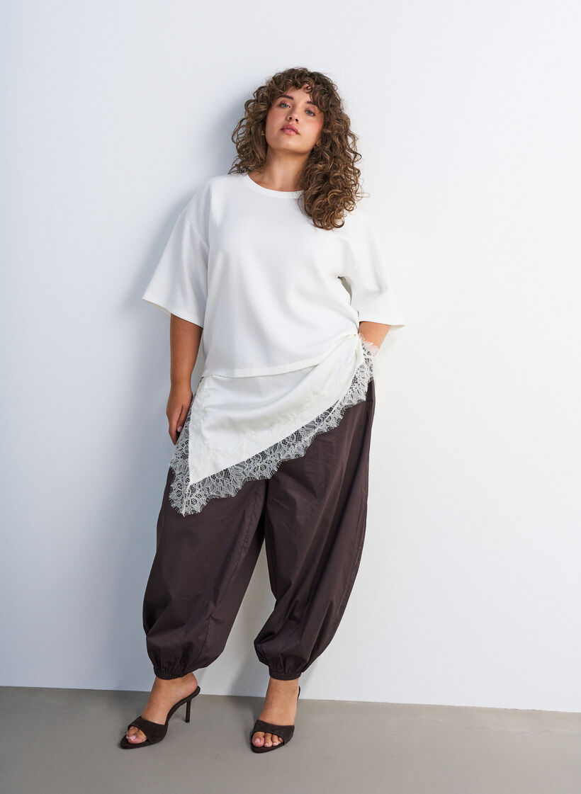 Jersey blouse met gelaagde look en kant, Vanille, Model image number 0