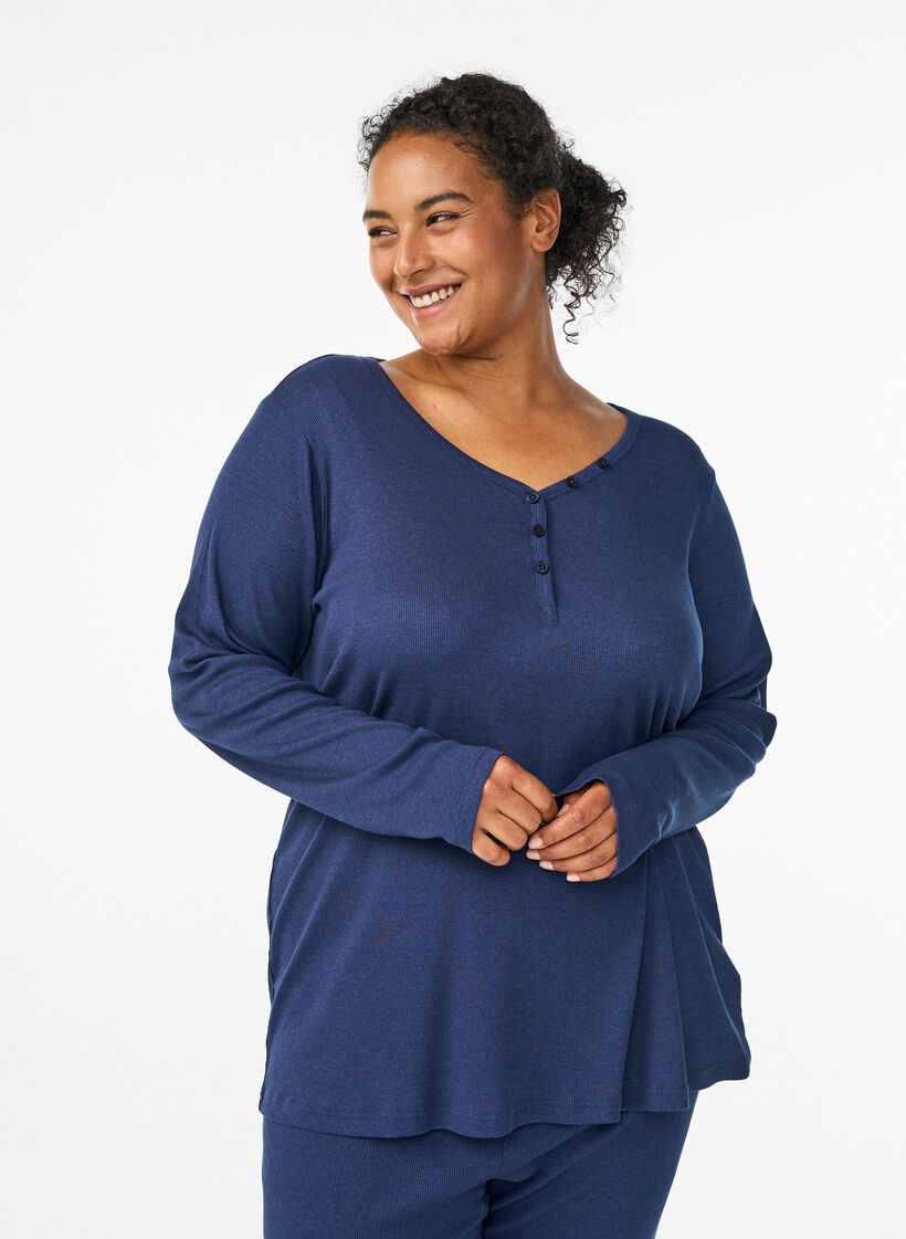 Geribde nacht top met lange mouwen en knopen, Blauw, Model