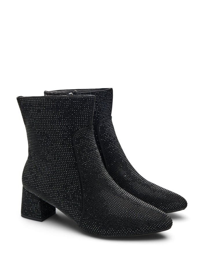Wide fit - Enkellaarzen met rhinestones, Black, Packshot