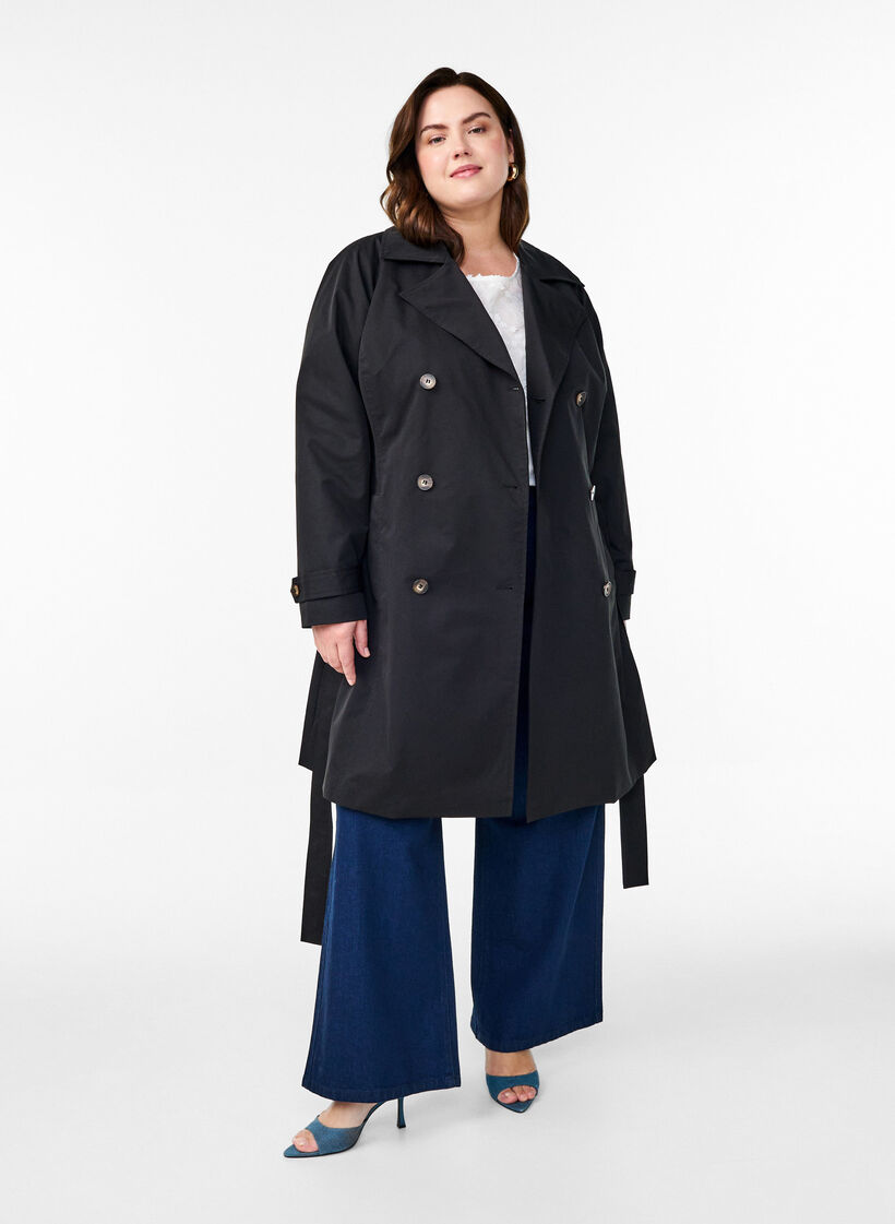 Halflange trenchcoat met ceintuur, Black, Model image number 2